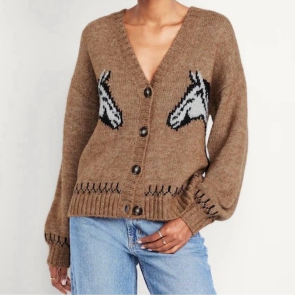 Viral Old Navy Brown Cardigan with Horse Design